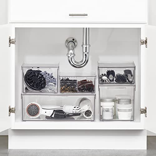 mDesign Plastic Stackable Bathroom Storage Organizer Bin Containers with Front Pull Drawer for Bathroom Countertop, Vanity, Closet Shelves - Holder for Accessories - Lumiere Collection, 2 Pack, Clear - size: 16 x 12 x 6 (Pack of 2)
