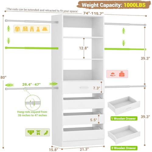 Aheaplus Closet System, 4-9Ft Closet Organizer with 4 Wooden Drawers, Wood Closet Organizer System with Tower, Walk-in Closet Organizer Wardrobe Clothes Rack with 4 Hanging Rods, Garment Rack, White - color: White