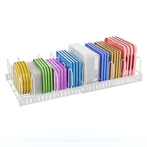 X-cosrack Expandable Food Container Lid Organizer,Large Capacity Adjustable 10 Dividers Detachable Lid Organizer Rack for Cabinets, Cupboards, Pantry Shelves, Drawers to Keep Kitchen Tidy,White - color: White