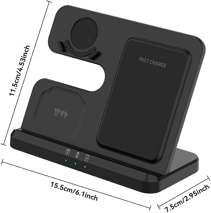 Black 3-in-1 Charging Station Fast Wireless Charger Stand for Phone Watch Earbuds Desktop Dock with Cooling Vents