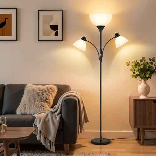 Floor Lamp for Living Room,72" Dimmable Torchiere Lamp with 2 Reading Lights for Bedroom, Black Tall Standing Room Lamp, 3 Bulbs Included