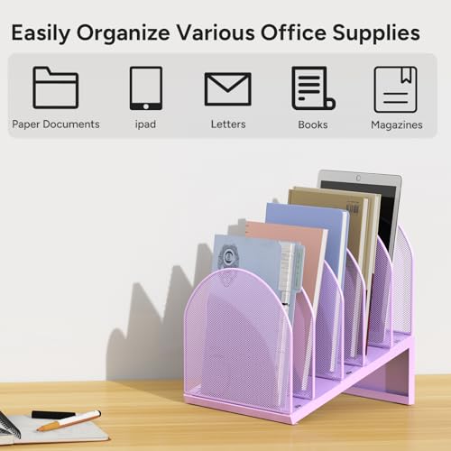 5-Section Desk File Organizer, Metal Mesh Folder Organizer for Documents, Mail & Office Papers (Purple) - color: Purple