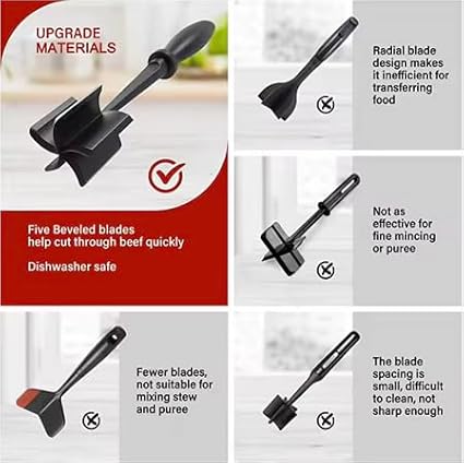 Meat Masher for Ground Beef and Vegies, Heat-Resistant, Hamburger Masher Grinder Tool, Non-Stick, Dishwasher Safe, BPA-Free, Food Grade, Black Color