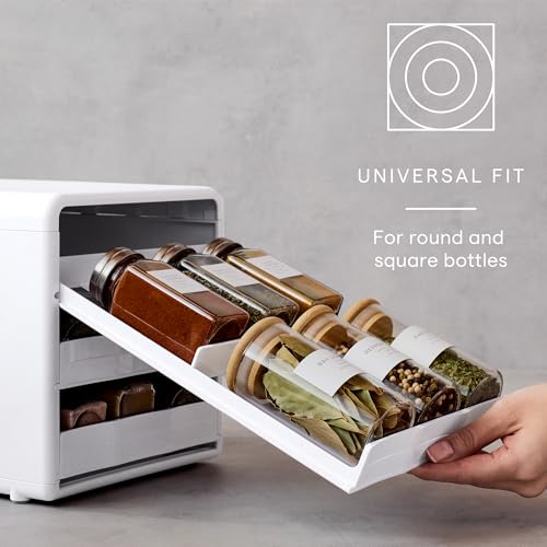 YouCopia SpiceStack,18-Bottle Adjustable Spice Rack Organizer, Pull-Out Seasoning Holder for Kitchen Cabinet and Pantry Storage with 104 Labels and Adjustable Dividers, Speckled White - style: 18-Bottle