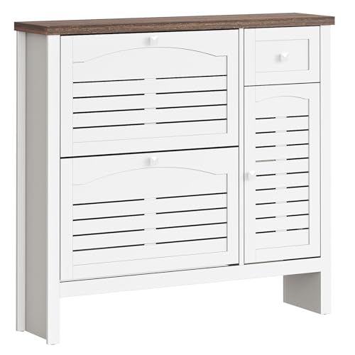 ONBRILL Shoe Storage Cabinet with 2 Flip Drawers, 1 Drawer, 1 Side Cabinet, Narrow Shoe Organizer with Ventilated Grille Panel & Movable Shelves, Freestanding Hidden Shoe Rack for Entryway (White)