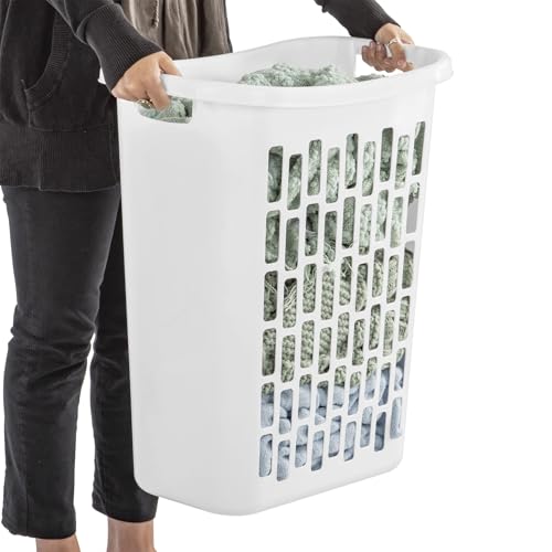1.8 Bushel Slim Rectangular Laundry Hamper with Through Handles, Space-Saving Plastic Laundry Basket for Narrow Spaces, Ventilated Design, White, 20 x 13.1 x 24 Inches