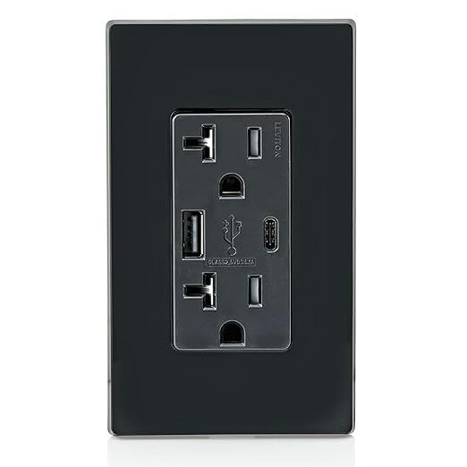 Leviton Type A &amp Type-C USB In-Wall Charger with 20A Tamper-Resistant Outlet USB Charger for Smartphones and Tablets. Not for Laptops T5833-E Black