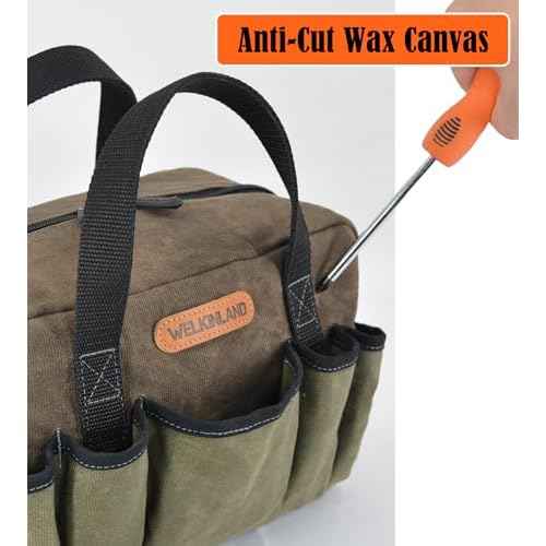 WELKINLAND 14-Pocket Waxed Canvas Tool Organizer - Heavy Duty Electrician's Tool Bag, Small Size