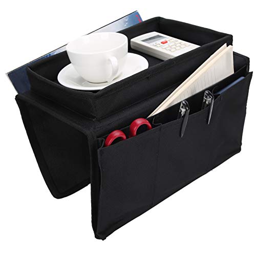 Sofa Armrest Organizer with Cup Holder Tray,4 Pockets Armchair Caddy Bedside Storage Pockets Bag 11.8x7.1x7.1inch TV Remote Control Organizer Armchair Couch Bag (Black) - color: Black