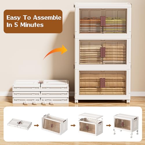 60GAL/240QT 4 tier large stackable storage bins with lid and wheels, collapsible storage bins plastic with doors，suit for clothes, closet, home and office - size: 60QT, style: 4 Pack