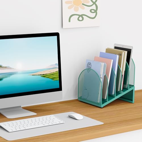 5-Section Desk File Organizer, Metal Mesh Folder Organizer for Documents, Mail & Office Papers (Green) - color: Green