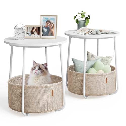 VASAGLE Nightstands, Set of 2 Small Round Side Tables with Fabric Basket, Bedside End Tables, for Bedroom, Matte White and Camel Brown ULCT665W01 - color: Matte White + Camel Brown