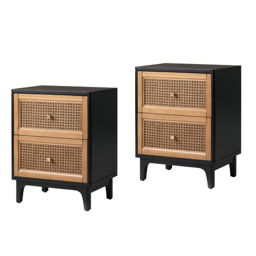 COZAYH Set of 2 Fully-Assembled 2-Drawer Woven Cane Front Accent Nightstand with Brass Knobs, Black - color: Black, style: 2 Drawer/2 pack