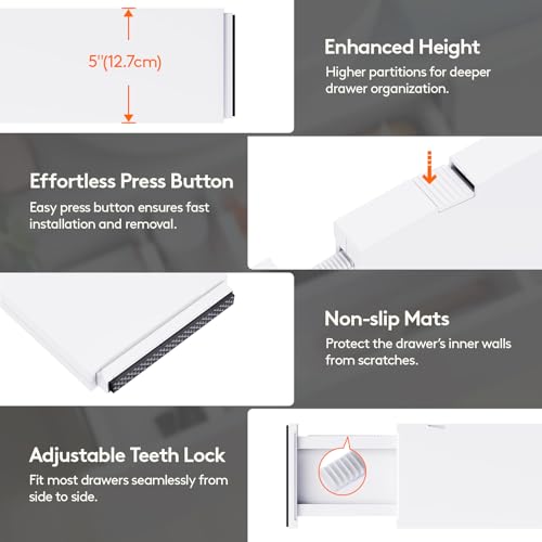 Lifewit 5 Pack 5" High Drawer Dividers 34-56cm/13.5-22" Adjustable Drawer Organizer for Clothes/Utensils, Expandable Drawer Separator in Dresser/Kitchen/Bedroom/Office Organization & Storage White - size: 5"H, 13.5-22"L
