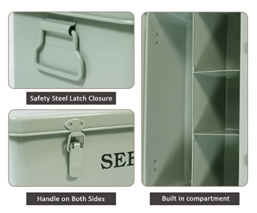 Seed Saving Box, Metal Seed Bin, Seed Storage Organizer Box, Seed Packet Container with Lid, Seed Envelope Storage Box, 4 Compartments Garden Seed Bin with Safety Locks-Green - color: Green