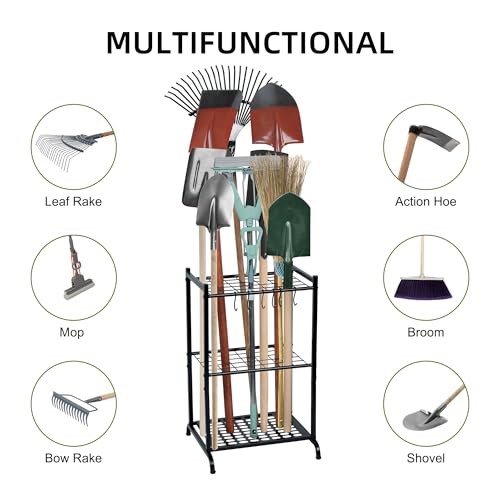 Garden Tool Organizer with Storage Hooks, Yard Tool Tower Rack for Garage Organization and Storage, Up to 35 Long-Handled Tools, Metal Tool Holder with 6 Hooks, Black