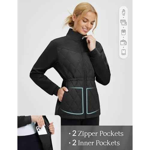 baleaf Women's Puffer Jackets Lightweight Winter Warm Stand Collar Water Resistant Golf Quilted Jacket 4 Pockets Black L