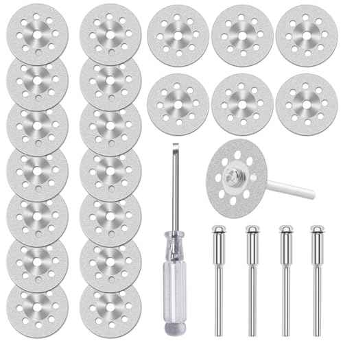 20pcs 545 Diamond Cutting Wheel Cut Off Discs Coated (22mm) for Dremel Rotary Tool with 402 Mandrel (3mm) 4pcs and Screwdriver for Cutting Glass, Stone, Ceramic, Marble, Tile, Plastic