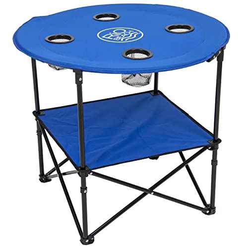Rio Brands 28" Round Lightweight Fabric Portable Folding Beach Table with Cupholders, Blue