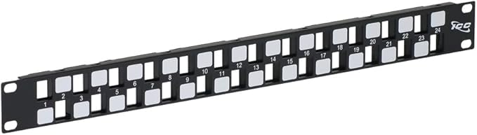 ICC 24 Port Blank Keystone 1U Patch Panel with 19” Metal Rackmount Housing, Staggered Ports to Reduce ANEXT, Works with Wide and Slim Profile Keystone Jacks (Sold Separately), UL Listed, IC107BE241