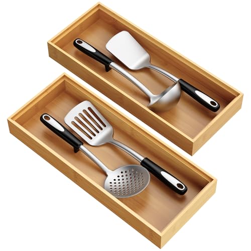 Bamboo Drawer Organizer, Stackable Utensil Trays for Kitchen, Wood Silverware Organizer for Drawer, Set of 2-15"x6"x2"