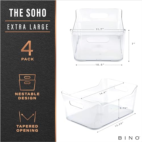 BINO | Plastic Organizer Bins, X-Large - 4 Pack | The SOHO Collection | Multi-Use Organizer Bins | Pantry & Freezer Bin | Plastic Storage Containers | Bin for Home & Kitchen Org - size: X-Large