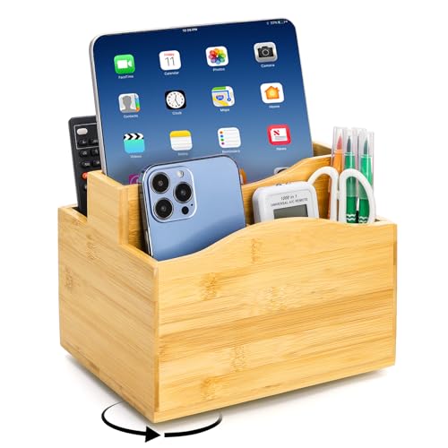 DEAYOU Bamboo Rotating Remote Caddy, 360 Degree Spinning Remote Control Holder, 5 Compartment Revolving Nightstand Bedside Table Organizer for Controller, Pen, Phone, Mail, Calculator, Office