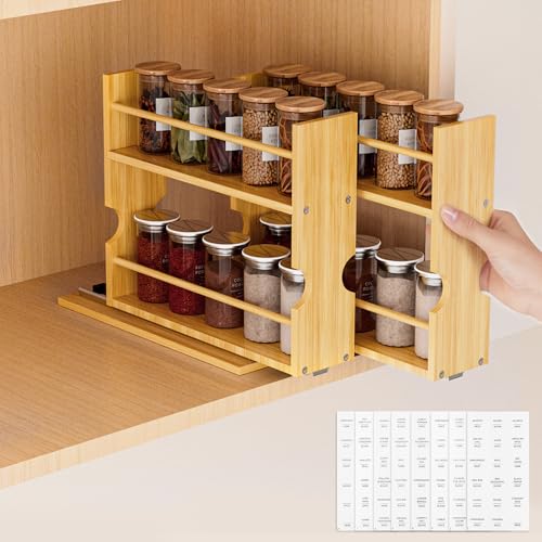 Jolitac Bamboo Pull Out Spice Rack for Cabinet, Slide Out Drawers, Space-Saving Seasoning Kitchen Pantry Sliding Vertical Organization, Easy to Install, 6" Wide, 2 Drawers(1.85" Wide), 2-Tier - size: 6" Wide, 2 Drawers(1.85" Wide), 2-Tier