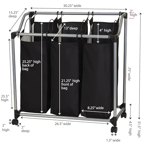 Household Essentials Triple Laundry Sorter with Wheels, Tapered Metal Frame, Removable Polyester Bags, Ventilated, Smooth Rolling Casters, Great for Sorting Laundry Large