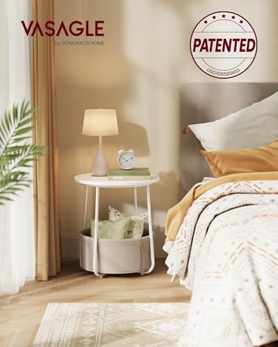 VASAGLE Nightstands, Set of 2 Small Round Side Tables with Fabric Basket, Bedside End Tables, for Bedroom, Matte White and Camel Brown ULCT665W01 - color: Matte White + Camel Brown