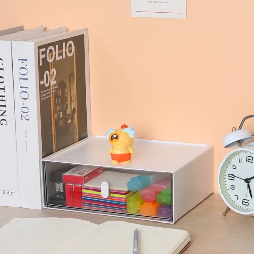 Desktop Storage Drawers, Plastic Desk Organizer with 1 Large Drawer, Modular Stackable Toolbox Units for Office Stationary, Makeup Container, Bathroom Countertop (1 Tall Layer, White & Clear) - color: 1 Tall Layer & 1 Drawer, White & Clear