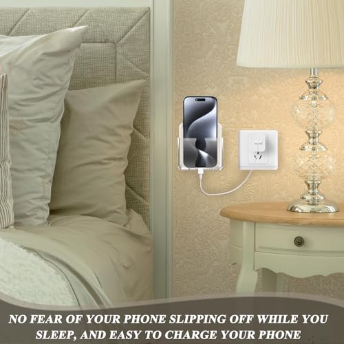 Wall Mounted Phone Holder, Clear Phone Stand Self Adhesive with Charging Hole Compatible with iPhone and Android Smartphone Cradle Bedside Organizer Remote Control Stand for Home Office 2-Pack