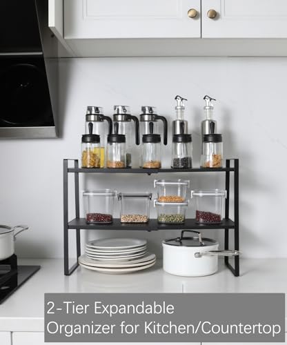 2-Tier Expandable Shelf Organizer for Kitchen Cabinet, Countertop, Pantry & Under-Sink Storage(black)