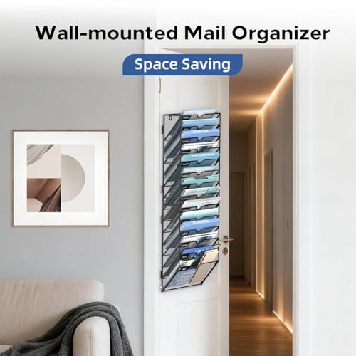 14 Tier Wall Hanging File Organizer, Paper Folder Holder Wall Mounted, Metal Mail Sorter for Office Home School, Black