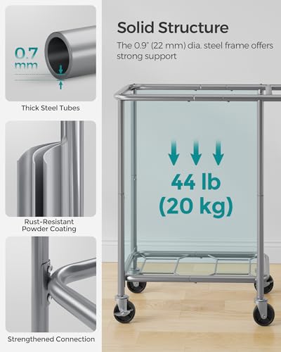 SONGMICS Laundry Basket with Wheels, 2-Section Rolling Laundry Hamper, 37 Gallons (140 L), Removable Liner, Steel Frame with Handle, 27.2 x 15.4 x 31.9 Inches, Dove Gray URLS004G01 - color: Dove Gray, size: 140 L (2-Section), style: Rectangular with handl