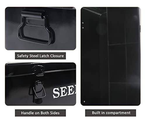 Seed Saving Box, Metal Seed Bin, Seed Storage Organizer, Seed Packet Container with Lid, Seed Envelope Storage Box, 4 Compartments Garden Seed Bin with Safety Locks-Black - color: Black