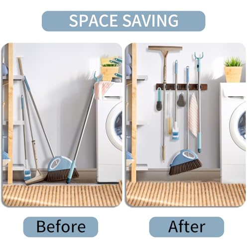 Mop and Broom Holder Wall Mount, Rustic Wood Broom Hanger with 4 Slots and Hooks for Home Décor, Kitchen and Closet, Broom and Mop Organizer Wall Hanging for Garage storage & organization