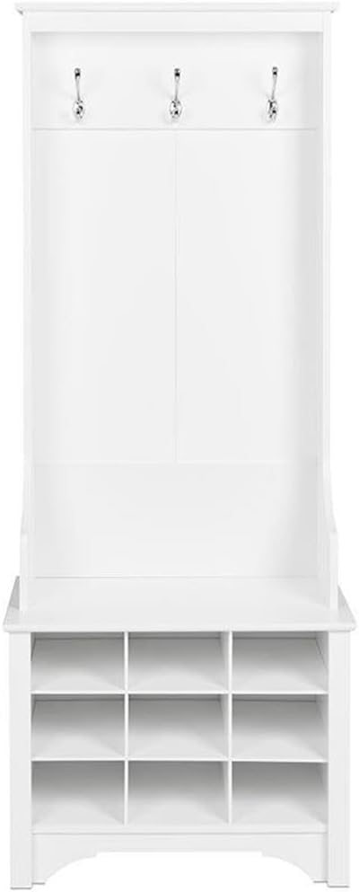 Prepac White Hall Tree, Shoe Cabinet, Storage Cabinet with 9 Shoe Cubbies and 3 Double Coat Hooks 15.5" D x 27" W x 68" H