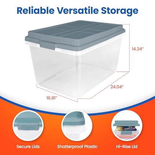 Hefty 72 Quart Hi-Rise Storage Bin with Lid, Stackable Plastic Container Tote for Home, Office, and Classroom Organization, 6 Pack, Smoke Blue