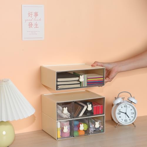 Desktop Storage Drawers, Plastic Desk Organizer with 1 Large Drawer, Modular Stackable Toolbox Units for Office Stationary, Makeup Container, Bathroom Countertop (1 Tall Layer, Cream & Clear) - color: 1 Tall Layer & 1 Drawer, Cream & Clear