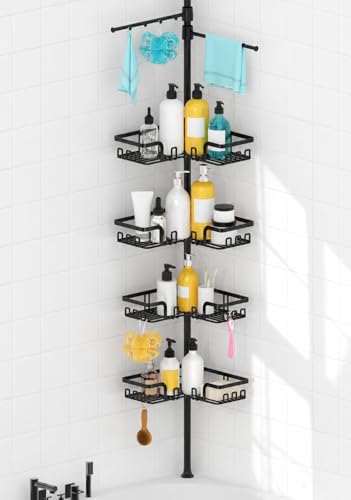 KEGII Shower Caddy Tension Pole with 2 Towel Bars, Corner Shower Organizer Shelves for Bathtub Shampoo Storage, Adjustable Shower Tension Rod with Razor Holder & Hooks - style: Tension Pole with 2 Towel Bars-Black
