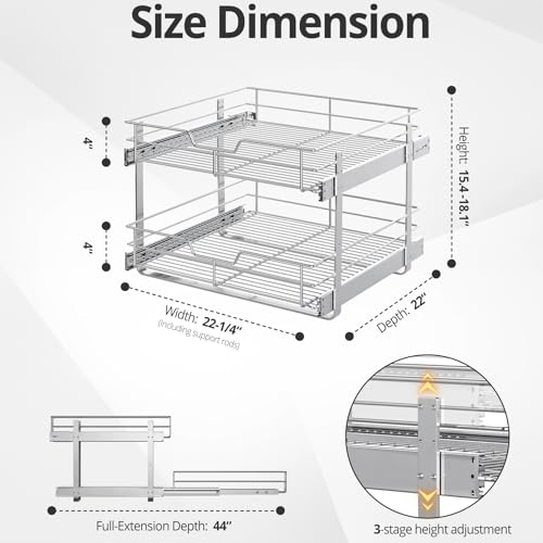 ZOINLIY Pull Out Cabinet Organizer, Versatile Slide Out Kitchen Organizers and Storage,Heavy Duty Drawer Cupboard Storage Basket, Smooth Sliding, Chrome Finish (2-Tiers-22¼''W×22“D) - size: 2-Tiers 22¼''W×22'D