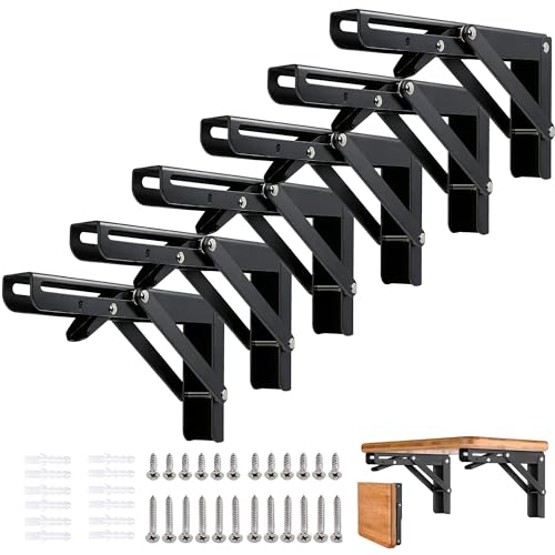 Folding Shelf Brackets - 8 Inch 6 Packs Heavy Duty Metal Collapsible Shelf Bracket, DIY Wall Mounted Foldable Shelf Bracket, Space Saving for Bench Table - size: 8 Inch- 6 Packs