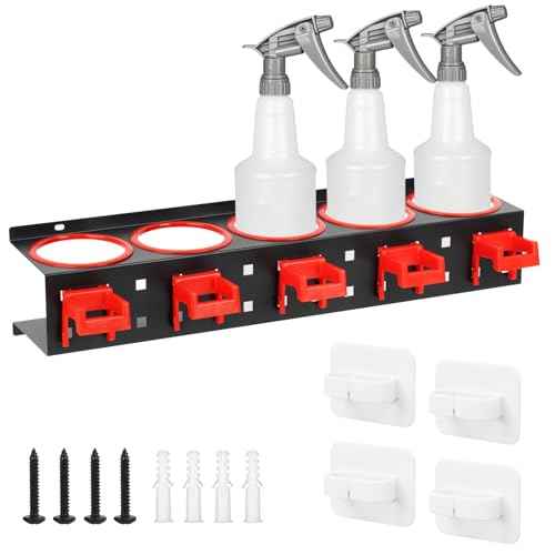 Wall-Mounted Spray Bottle Storage Rack, Universal Spray Bottle Holder with Removable Hooks, Hanging Rail Car Beauty Shop Accessory Display & Mobile Detailing Tools Hanger & Organizer for Garage