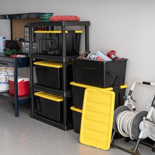 IRIS USA 72 Qt Stackable Plastic Storage Bins with Lids, 6 Pack - BPA-Free, Made in USA - Garage Organizing Solution, Latches, Durable Nestable Containers, Secure Pull Handle - Black/Yellow - size: 72 Qt, style: 6 Pack
