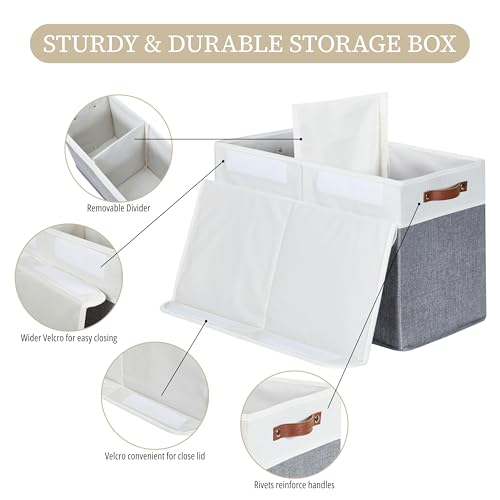 DECOMOMO Large Toy Storage Box with Lid - 25L x 12W x 16H inches Toy Chest Storage Bin with Divider for Kids, Nursery, Playroom (Grey & White)