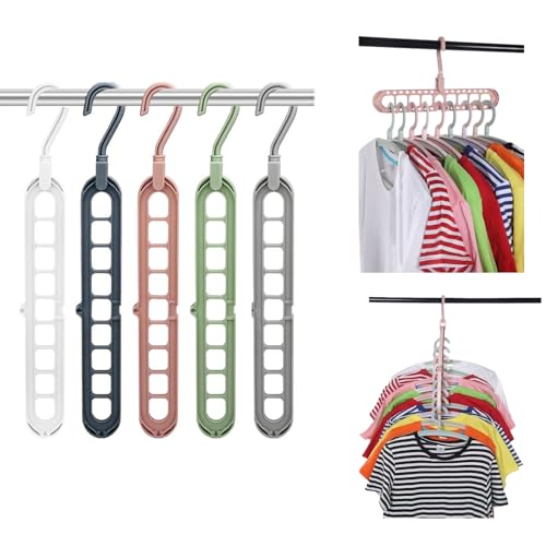 5-Pcs Multifunctional 9-Hole Space Saving Clothes Hangers - 360° Swivel Non-Slip Folding Closet Organizers for Shirts Coats Pants, Home Dorm Travel Storage Essentials