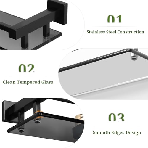 Alise Glass Shelves for Bathroom Wall, Tempered Glass Bathroom Shelf Wall Mounted, Modern Space Saving Floating Shelves 12 inch, Matte Black - color: Matte Black, size: 12 inch