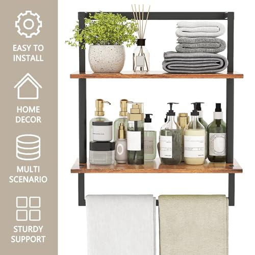 Wall Mounted Towel Rack for Bathroom, Bath Storage Holder 3-Tier Steel Wood Towel Shelf with Bar, Rustic Brown - color: Rustic Brown