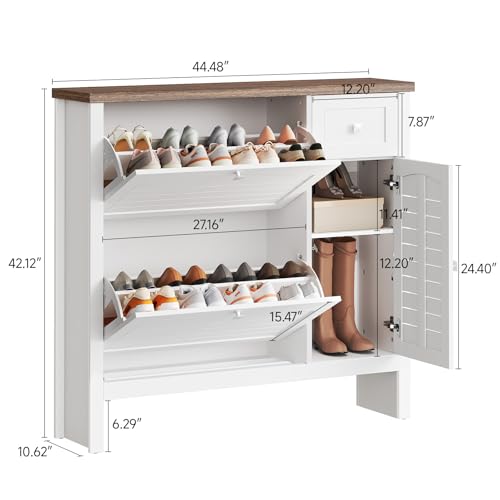 ONBRILL Shoe Storage Cabinet with 2 Flip Drawers, 1 Drawer, 1 Side Cabinet, Narrow Shoe Organizer with Ventilated Grille Panel & Movable Shelves, Freestanding Hidden Shoe Rack for Entryway (White)